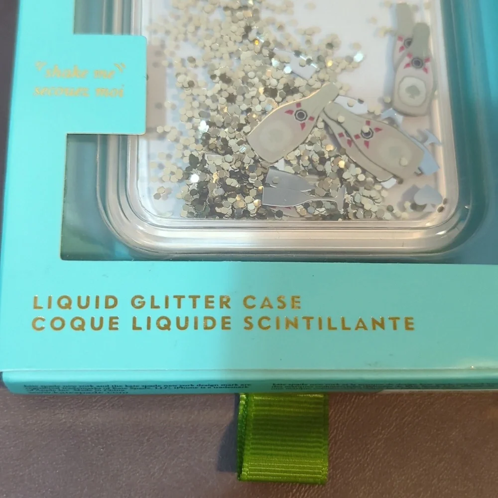 Kate Spade IPhone X Case Liquid Glitter Champagne Bottles and Glasses NWT